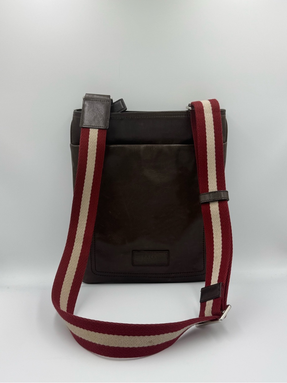 Bally Brown Smooth Leather Messenger with Red & Cream Striped Adjustable Strap